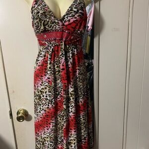 Leopard Print V-Neck Midi Dress - Red and Pink